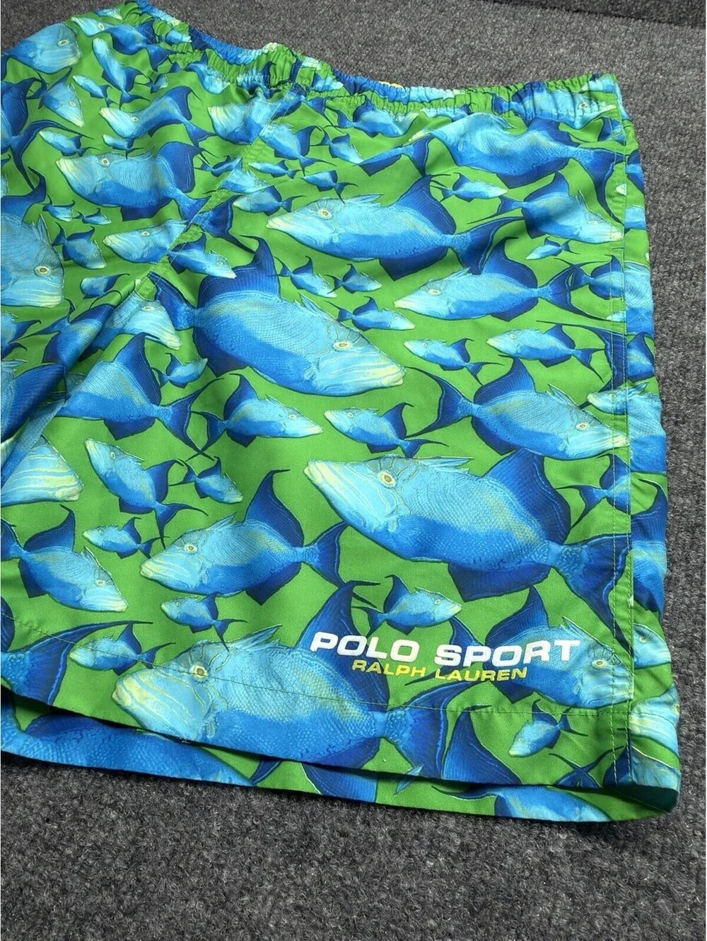 Y2K Polo Sport Ralph Lauren Fish Print Swim Trunks Men’s M Green Blue Resort